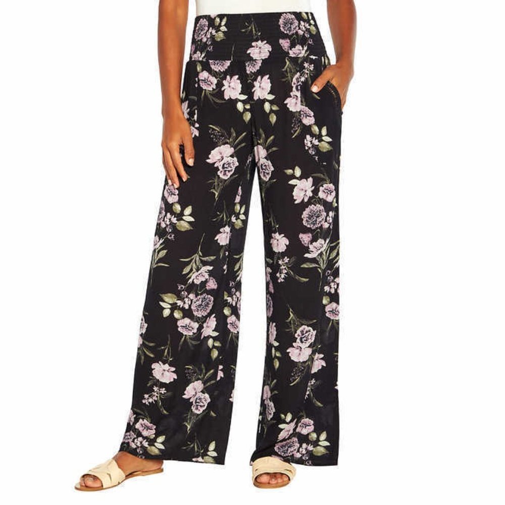 Three Dots Women's Palazzo Pant Size L Blue Floral Print Wide Leg Boho Flowy NEW